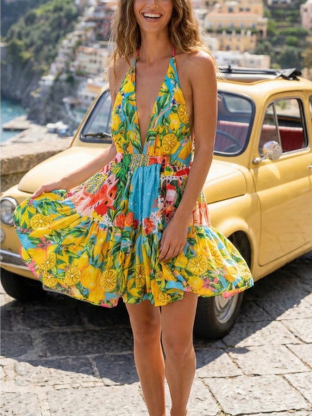 Antica Sartoria Tropical Halter Yellow Lemon Turquoise Floral Cotton Mini Dress